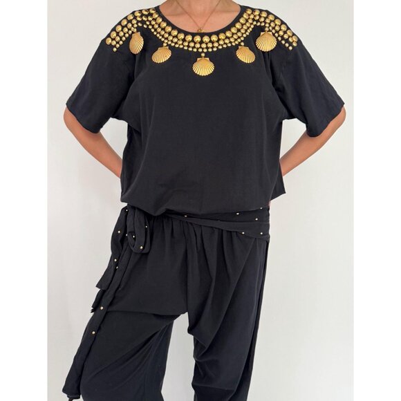 80s black embellished gold seashell retro loose cotton pant one piece jumpsuit - Picture 5 of 10